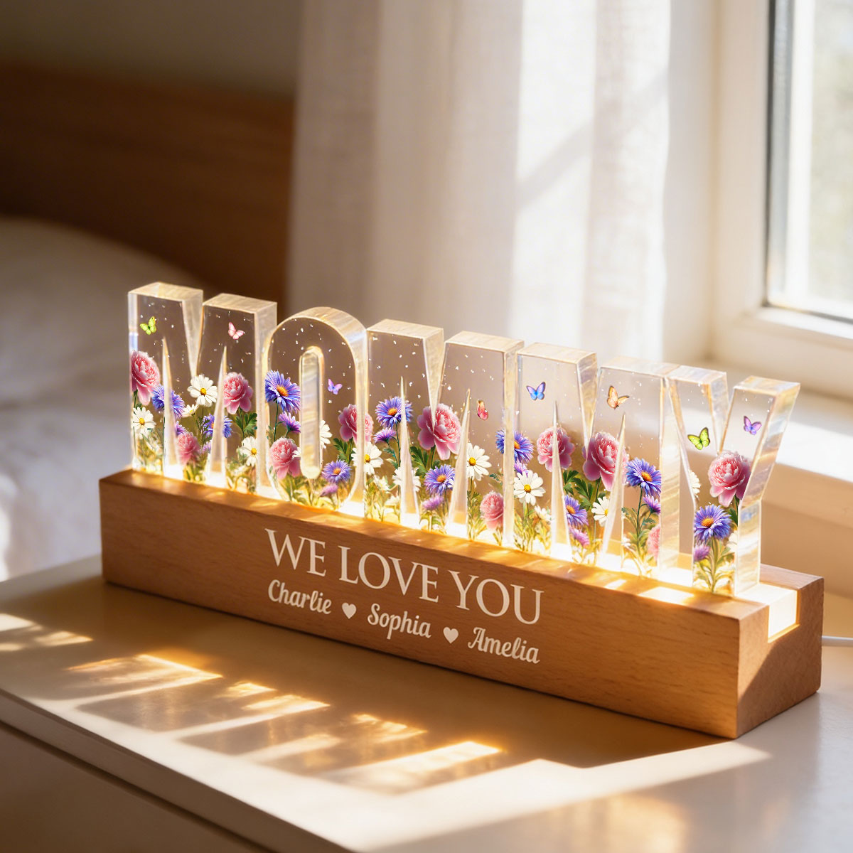 Custom Birth Month Flower Printed - Personalized Acrylic Block LED Night Light - Sentimental Mother's Day Gift for Mom, Grandma