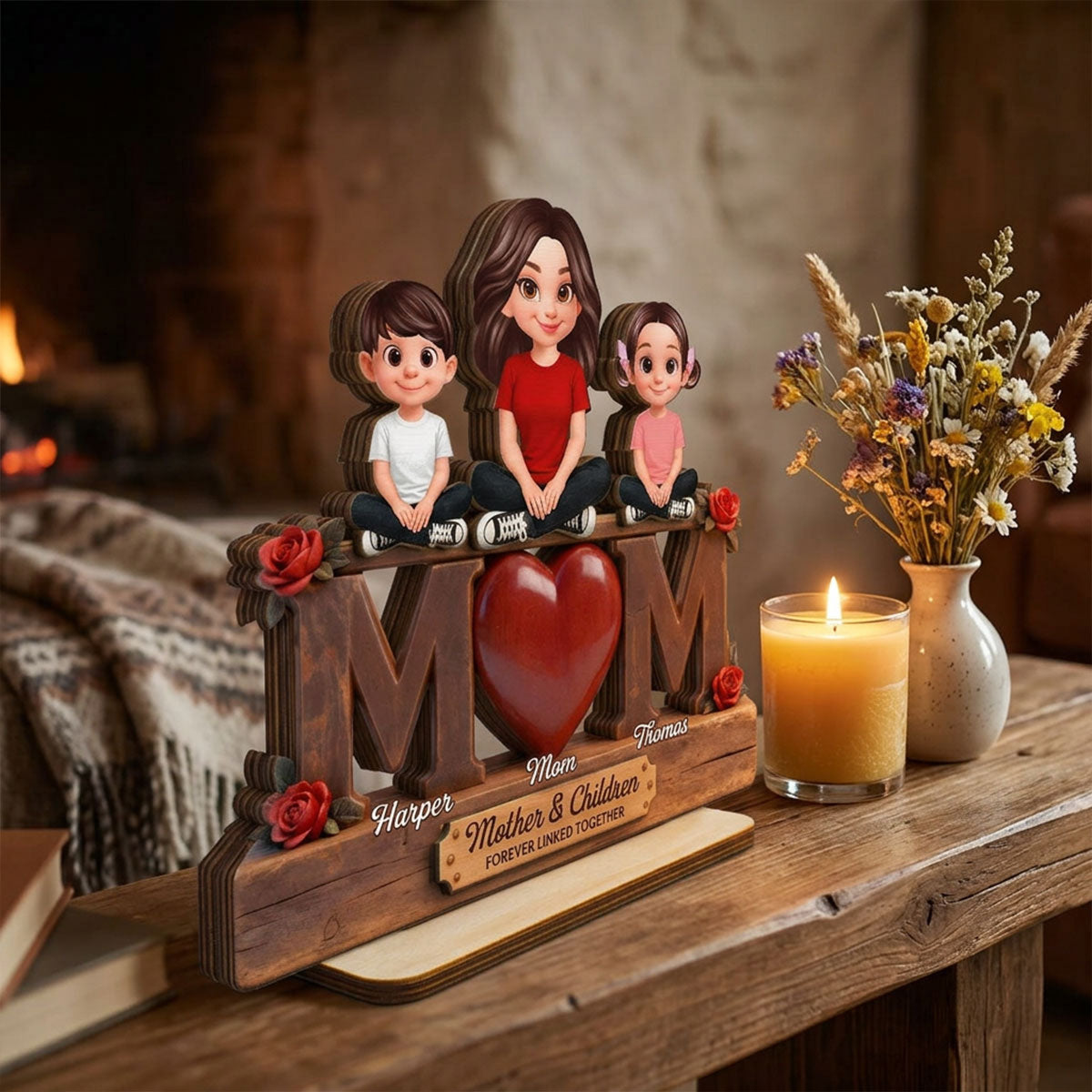 Beautiful Rose Love MOM And Daughters Sons - Personalized 2-Layered Wooden Plaque - Gift For Mom