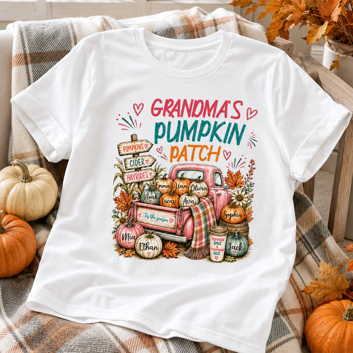 Grandma's Pumpkin Patch Preppy Coquette - Personalized Shirt - Trendy Fall Tee for Grandma