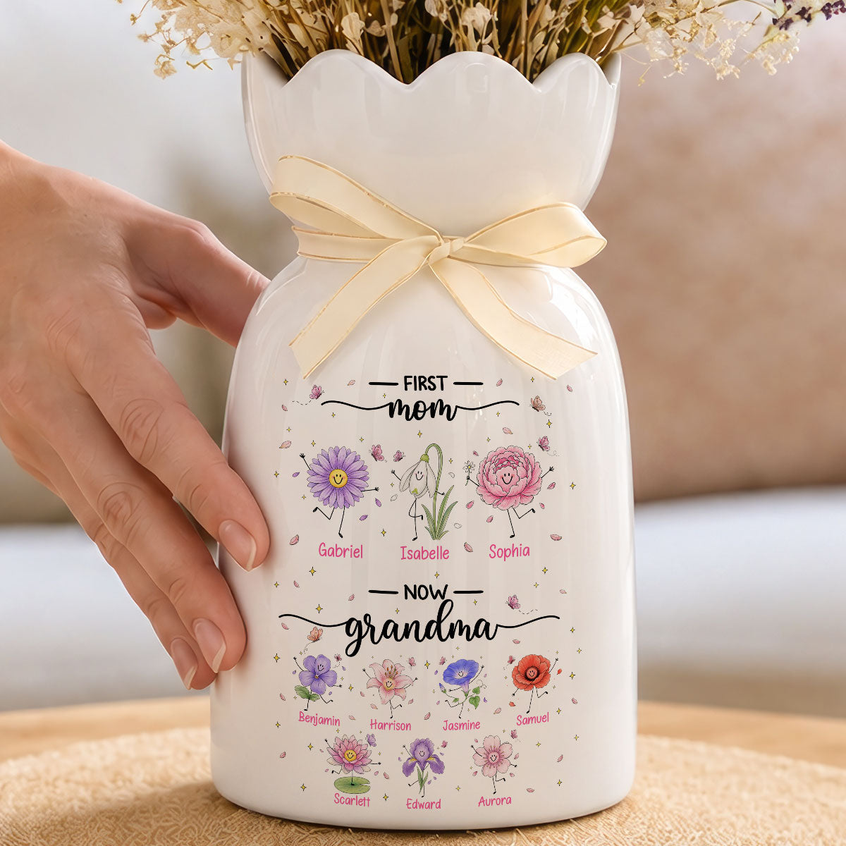 First Mom Now Grandma Doodle Birth Flowers - Personalized Ceramic Flower Vase - Gift For Grandma, Mom