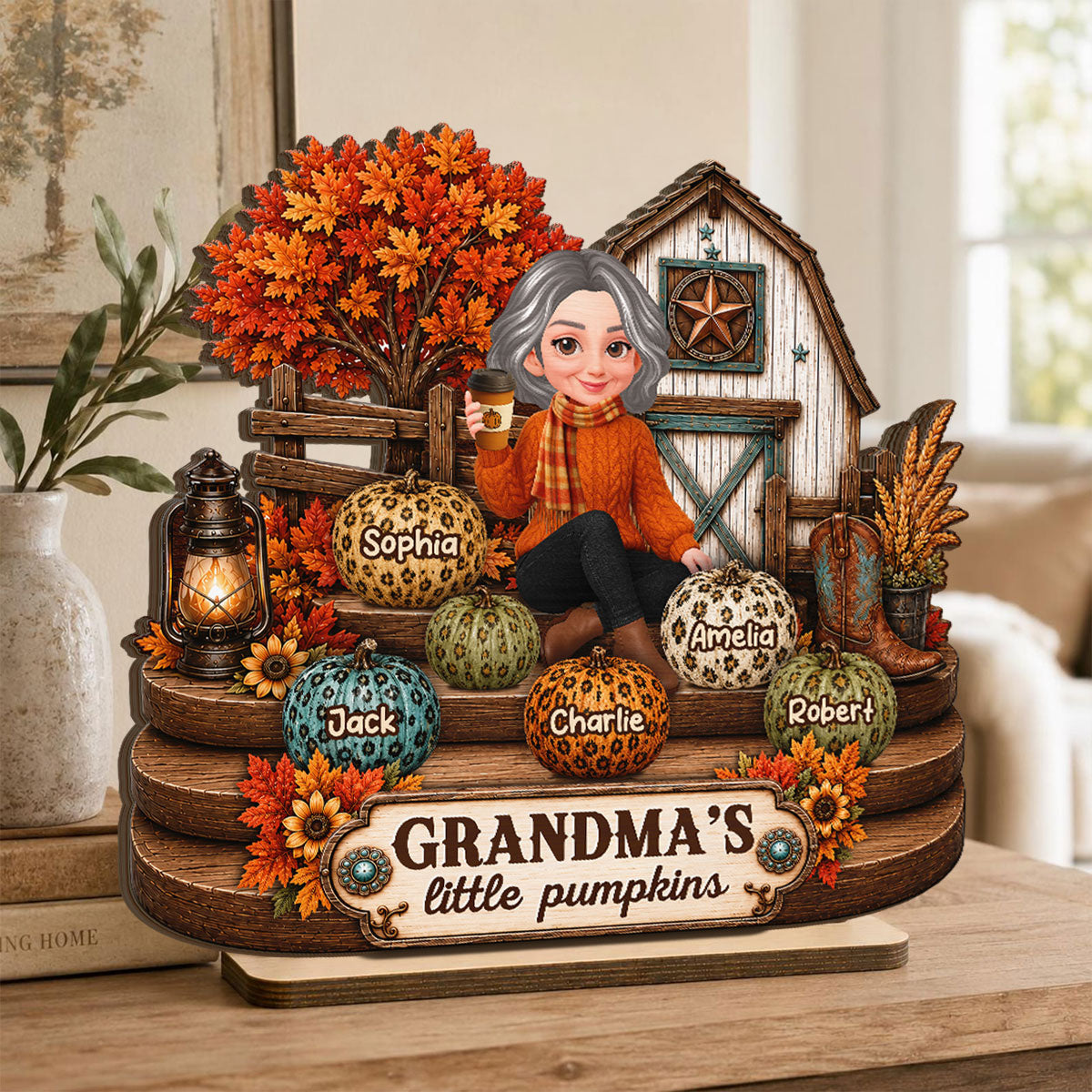 Fall Season Western Cozy Warm Farmhouse Style Grandma Little Pumpkins - Personalized 2-Layered Wooden Plaque - Fall Decor For Grandparents