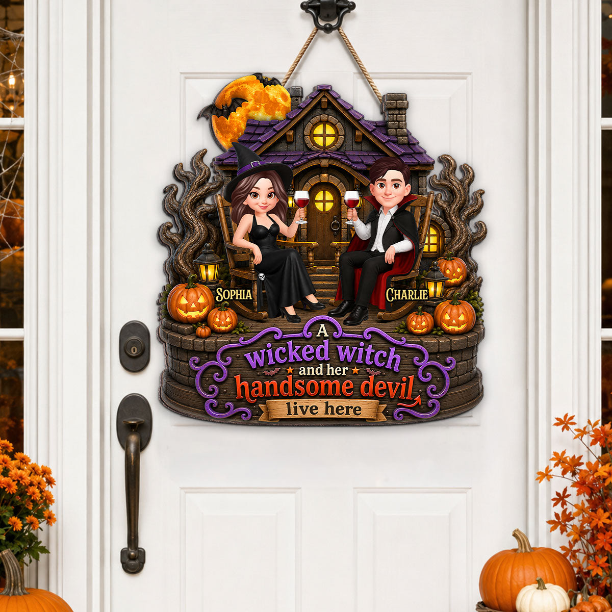 Halloween Haunted House Couple Wicked Witch Handsome Devil Live Here - Personalized Wood Sign - Halloween Decoration For Couple