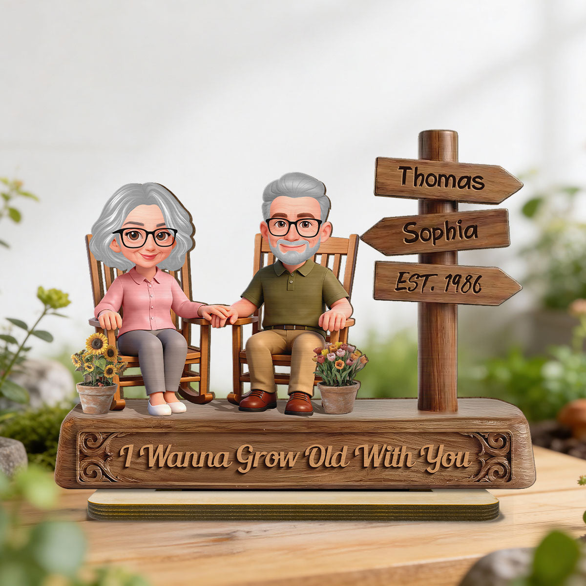 Old Couple Sitting On Rocking Chair By Sign Post 2D Flat - Personalized 2-Layered Wooden Plaque
