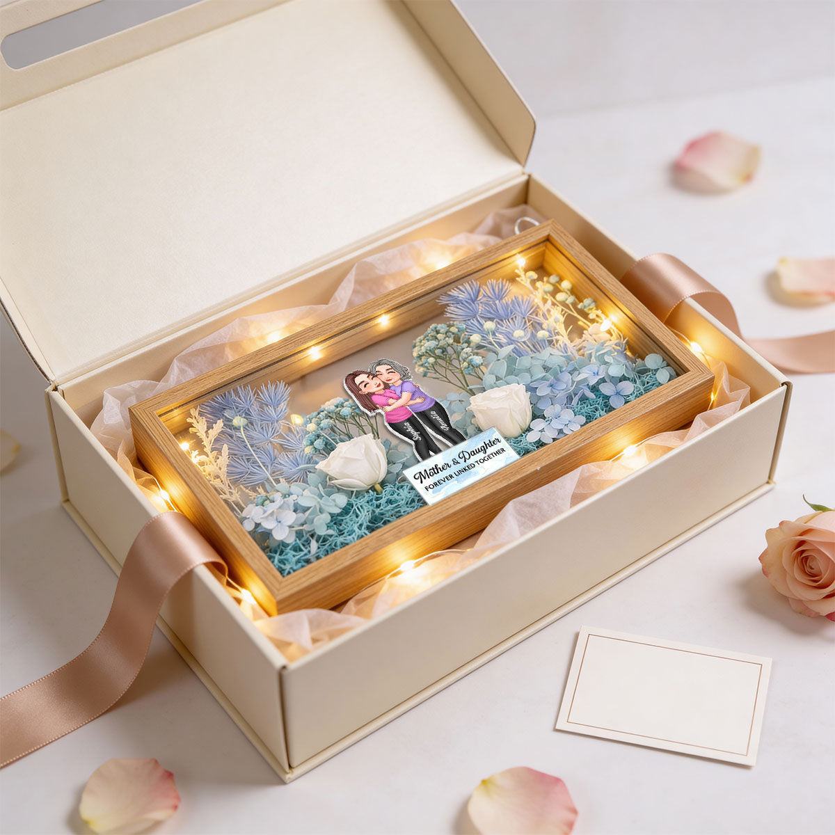 Mom & Daughter Forever Linked Together - Personalized DIY Flower Shadow Box LED Night Light - Gift For Mom, Daughter