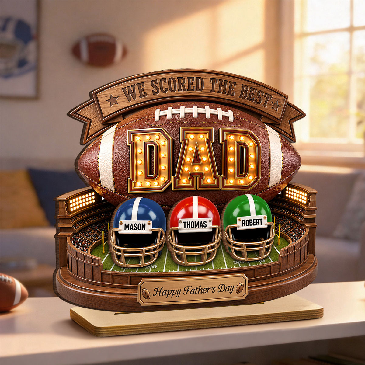 American Football Best Dad - Personalized 2-Layered Wooden Plaque -  Gift For Dad, Husband