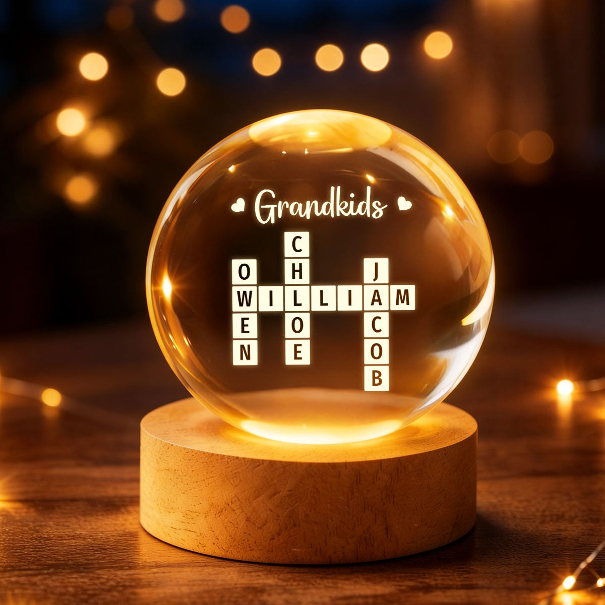 Grandkids Crossword Puzzle Art - Personalized Crystal Ball LED Night Light - Heartfelt Gift For Grandma, Gift For Mom