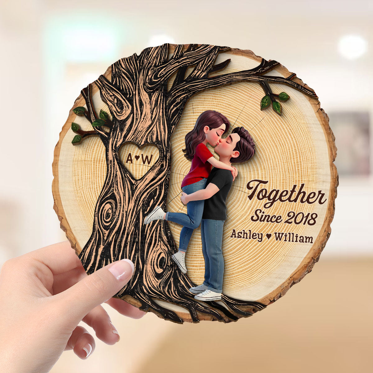 Couple Hugging Kissing Beside Eternal Tree Of Love - Personalized 2-Layered Wooden Plaque - Gift For Couple