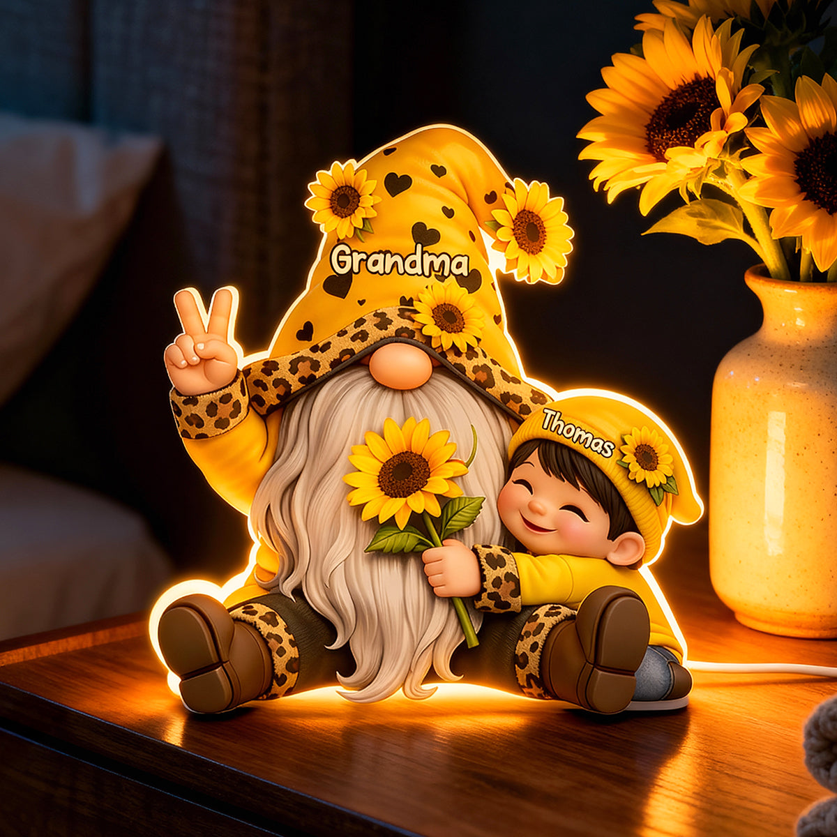 Gnome Grandma & Grandkids Sunflower - Personalized Light Box - Sentimental Gift for Grandma