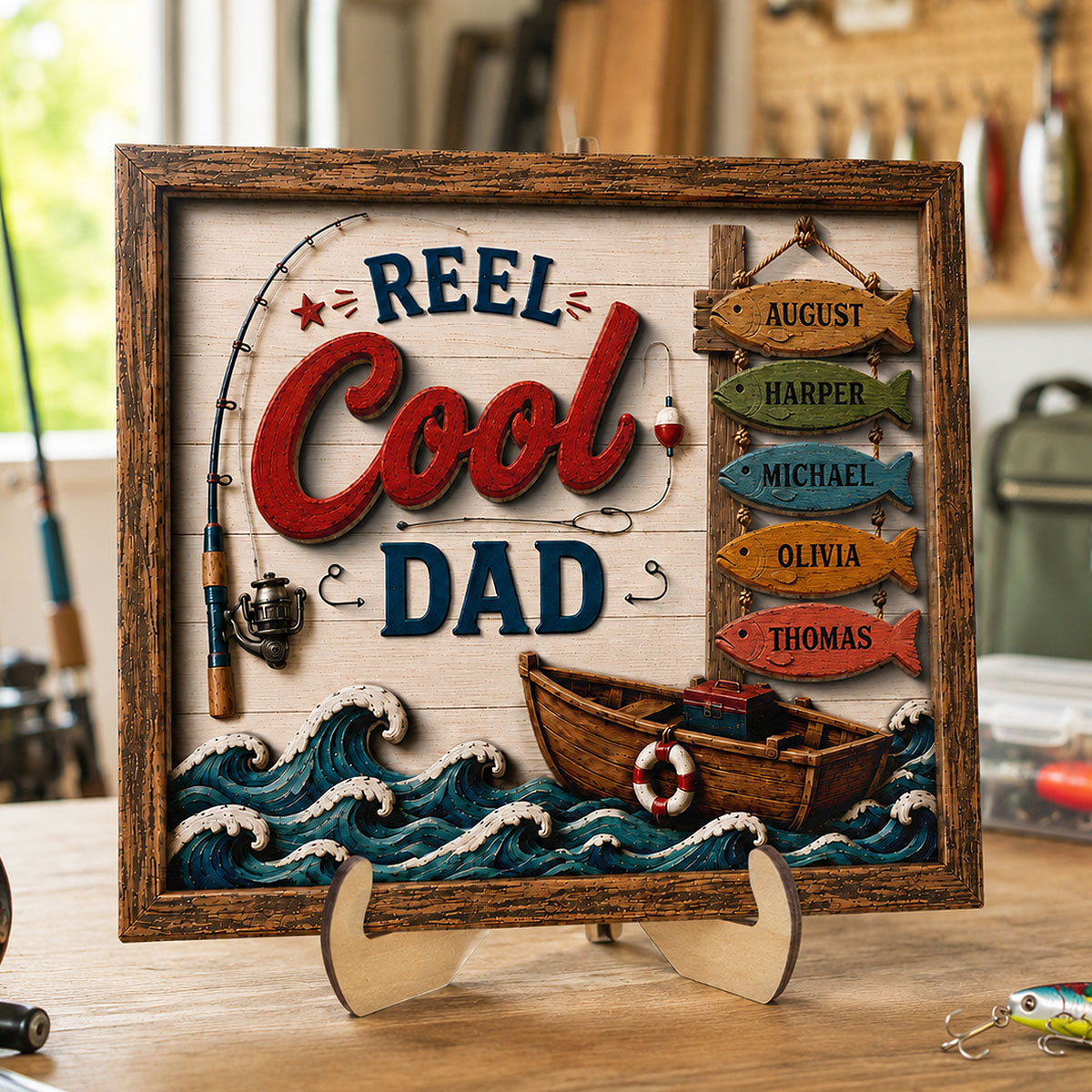 Reel Cool Dad Custom Kids Names Fishing - Personalized Wooden Plaque - Father’s Day Gift For Dad
