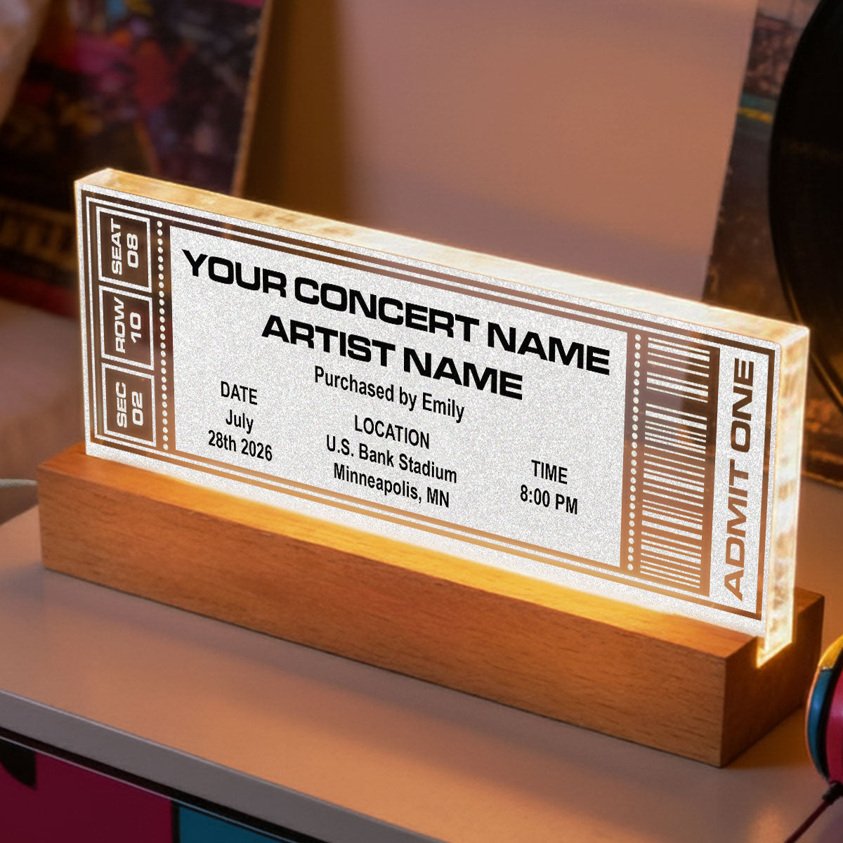 Custom Favorite Music Concert Photo Ticket - Personalized Acrylic Block LED Night Light - Valentine's Day Gift for her, for him