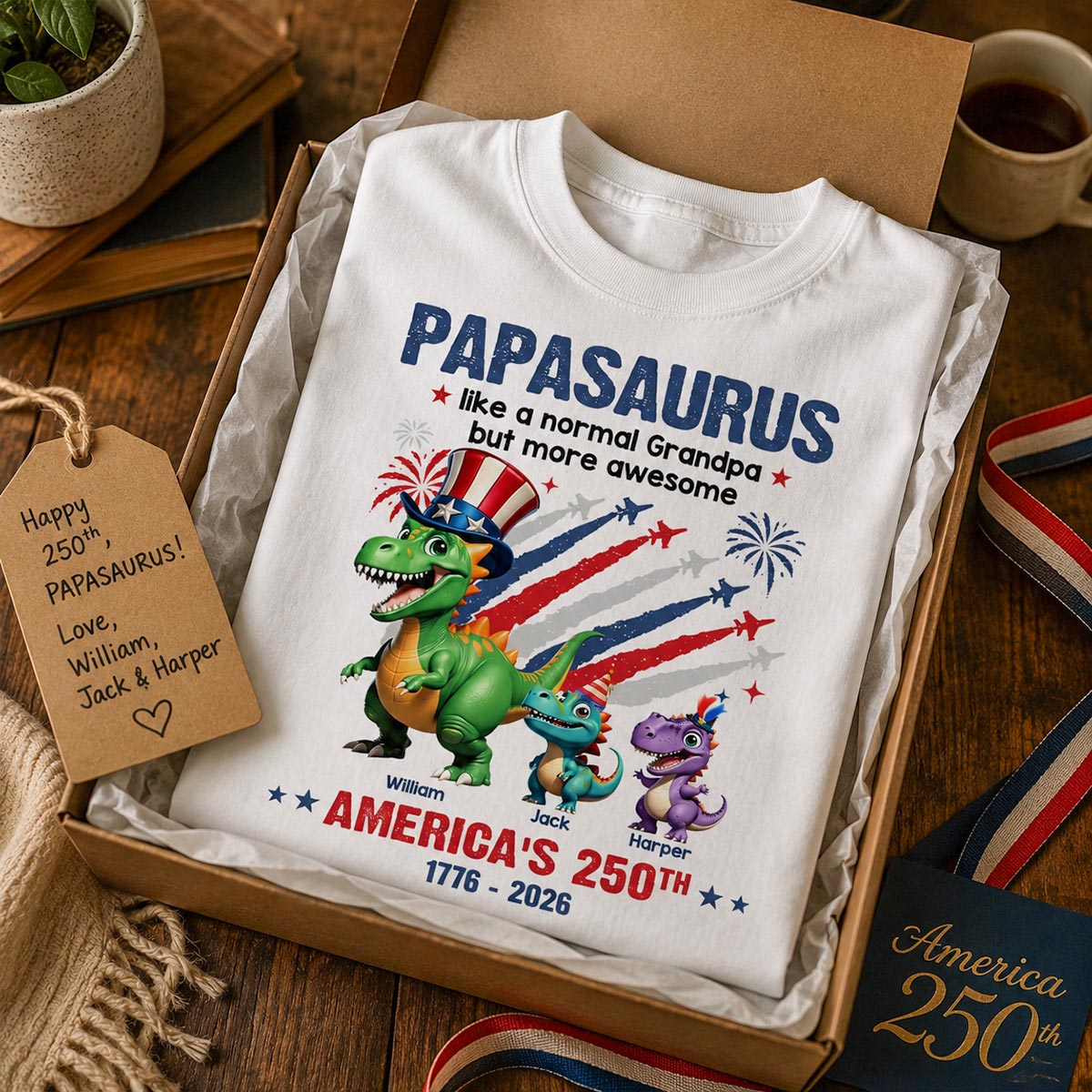Grandpasaurus And Kids Patriotic Dinosaurs - Personalized Shirt - America's 250th Anniversary Keepsake