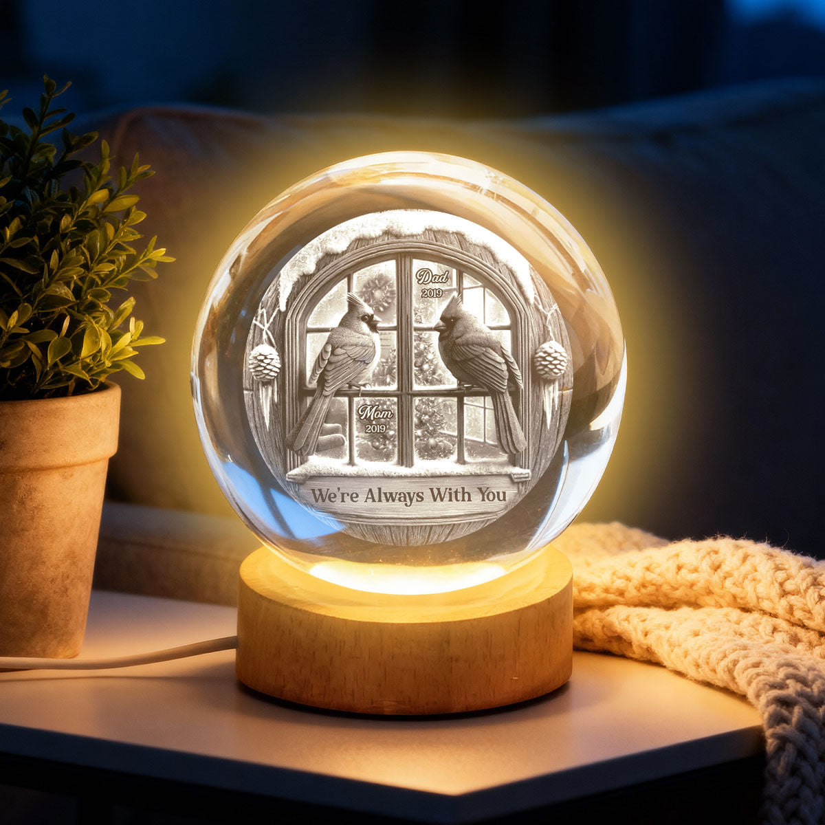 Memorial Cardinal Outside Window - Personalized Crystal Ball LED Night Light - Memorial Sympathy Gift