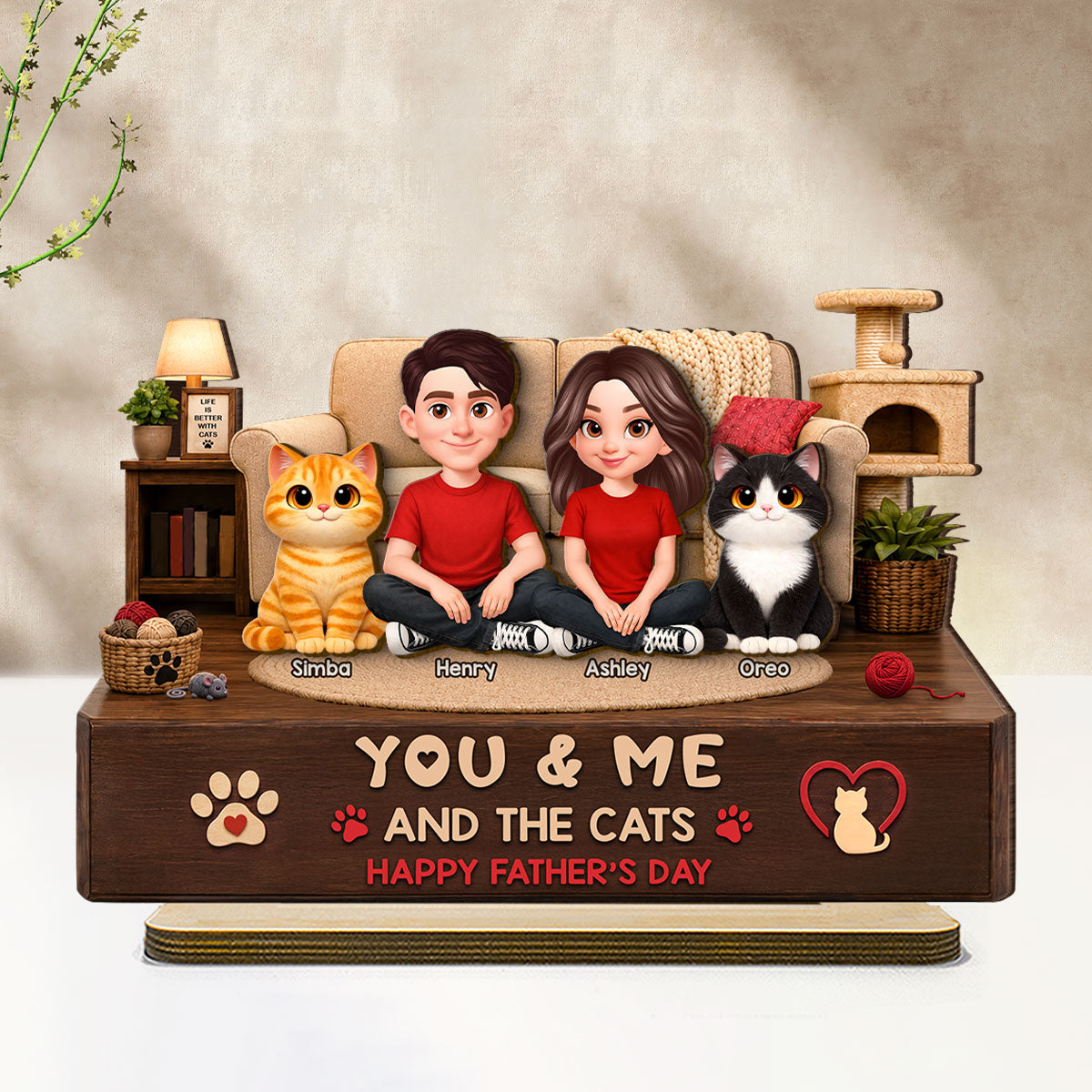 You & Me And The Cats Cozy Room 2D Flat - Personalized 2-Layered Wooden Plaque -  Gift For Cat Dad