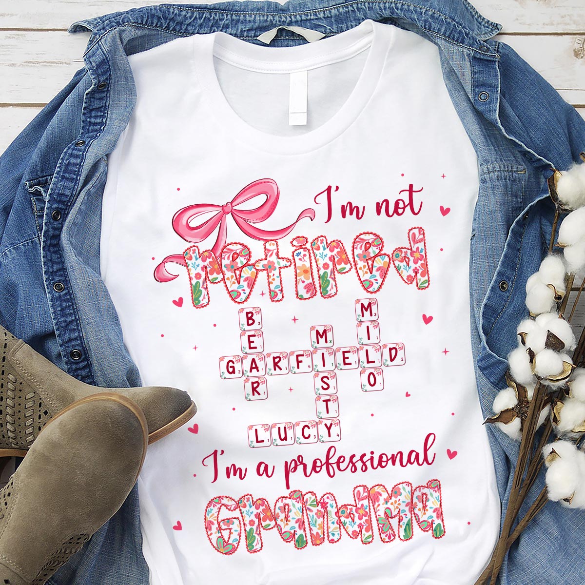 Coquette Not Retired Professional Grandma Crossword Art - Personalized Shirt - Gift For Grandma, Funny Shirt For Grandma