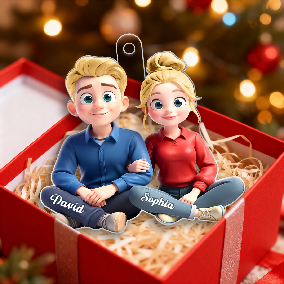 Cartoon Couple Sitting Together - Personalized Acrylic Ornament - Christmas Gift for him, Gift for her