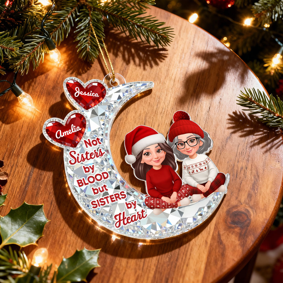 3D Shining Effect Besties Sitting On Moon - Personalized Acrylic Ornament - Gift For Best Friends, Matching Ornaments For Group Of Besties