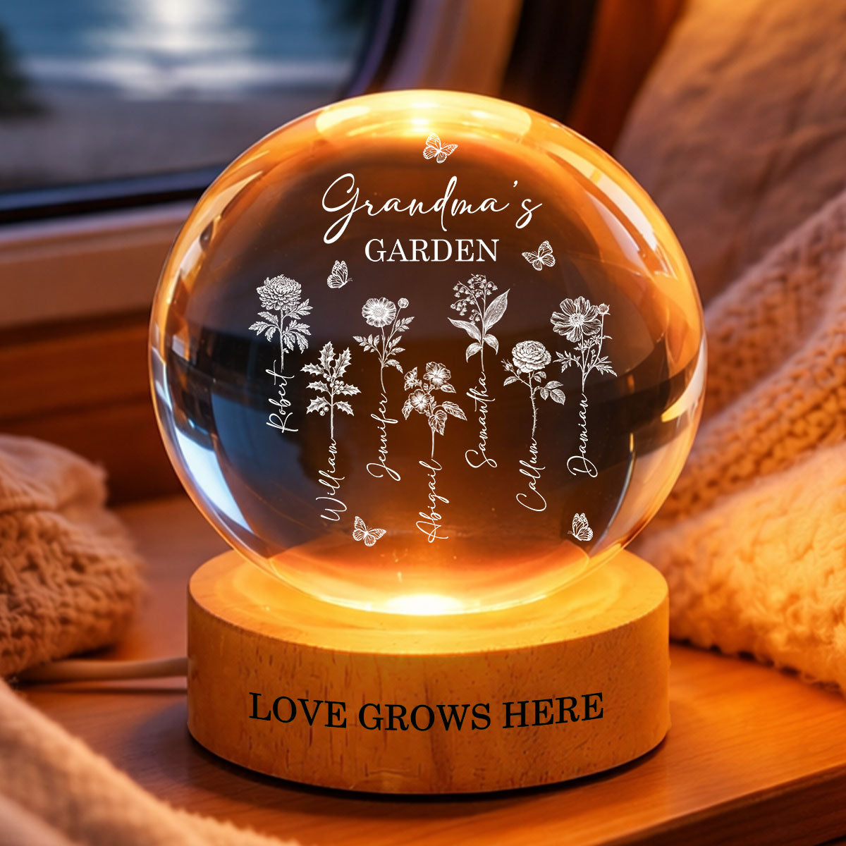Grandma's Garden - Personalized Crystal Ball LED Night Light - Custom Birth Month Flowers, Heartfelt Gift for Grandma, Mom