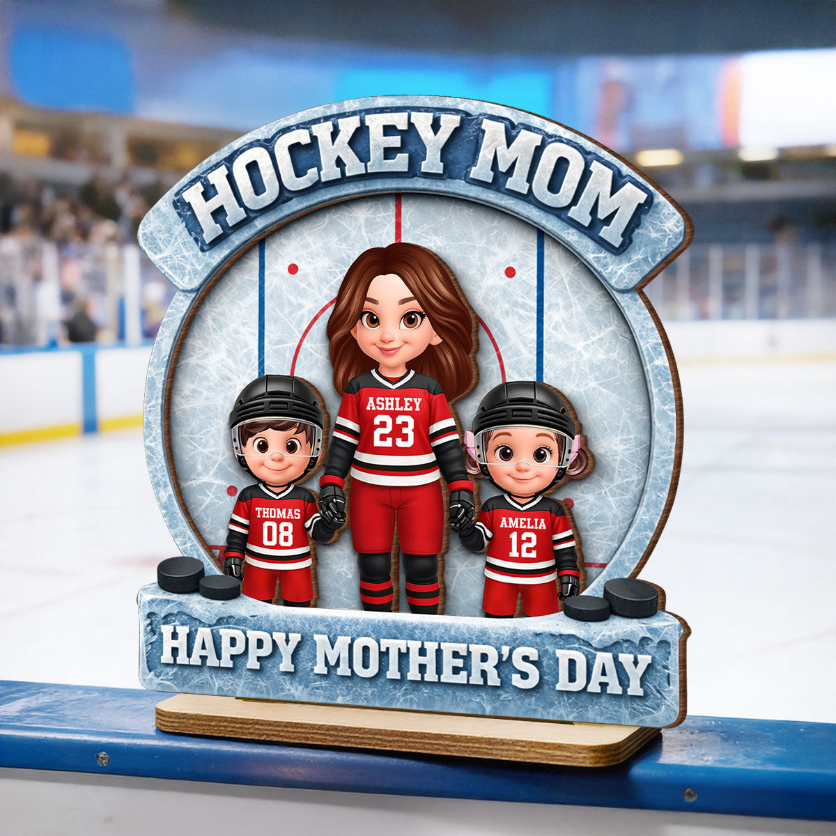 Hockey Mom Front View And Kids - Personalized 2-Layered Wooden Plaque - Mother's Day Gift For Hockey Mom, Gift For Wife
