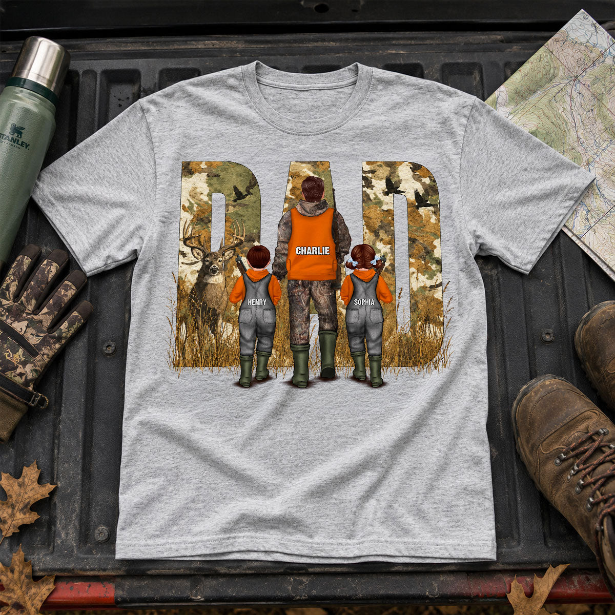 Hunting Dad & Children - Personalized Shirt - Outdoor Father's Day Gift for Dad, Husband