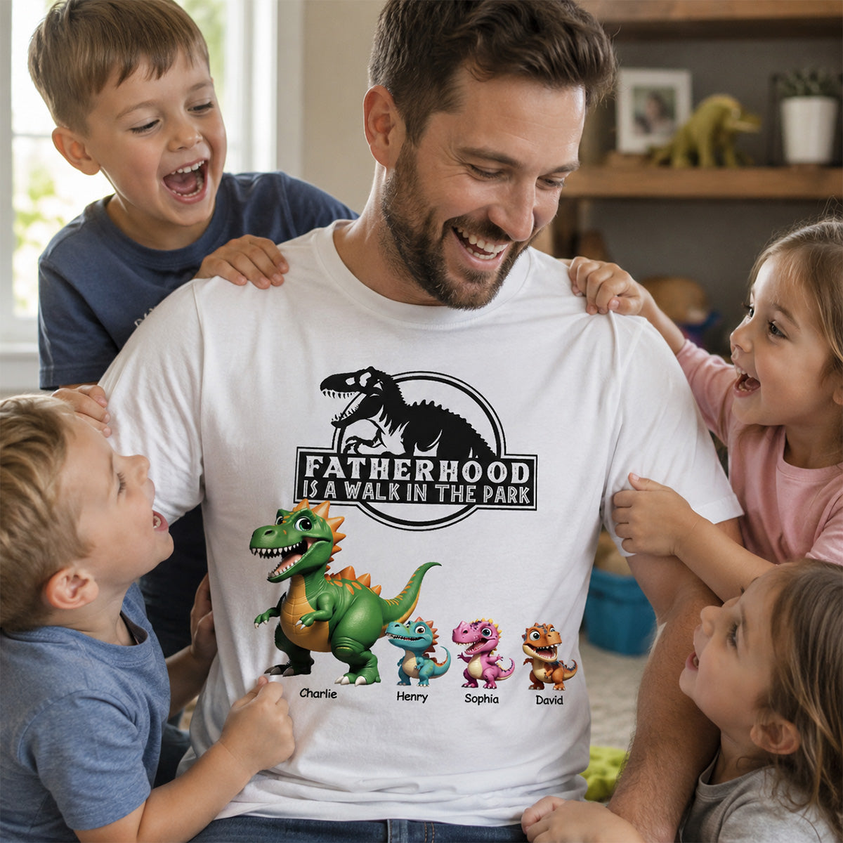 Fatherhood Is A Walk In The Park Custom Cartoon Dinosaurs - Personalized Shirt - Father's Day Gift For Husband, Dad
