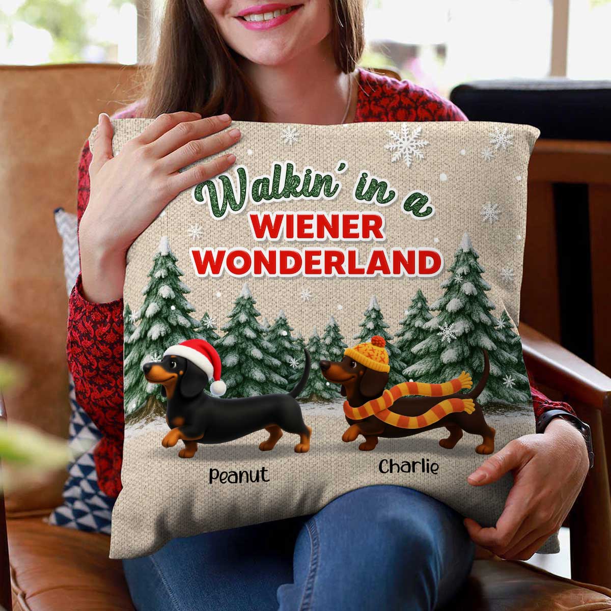 Christmas Dachshunds Walking In A Wiener Wonderland - Personalized Pillow - Gift For Dachshund Lovers
