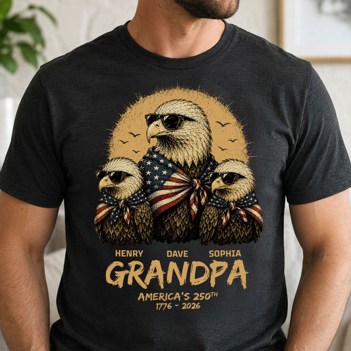 Retro Yellow Vintage Dad Grandpa Eagle America 250th Anniversary - Personalized Shirt - Father's Day Gift For Dad, Grandpa, Husband