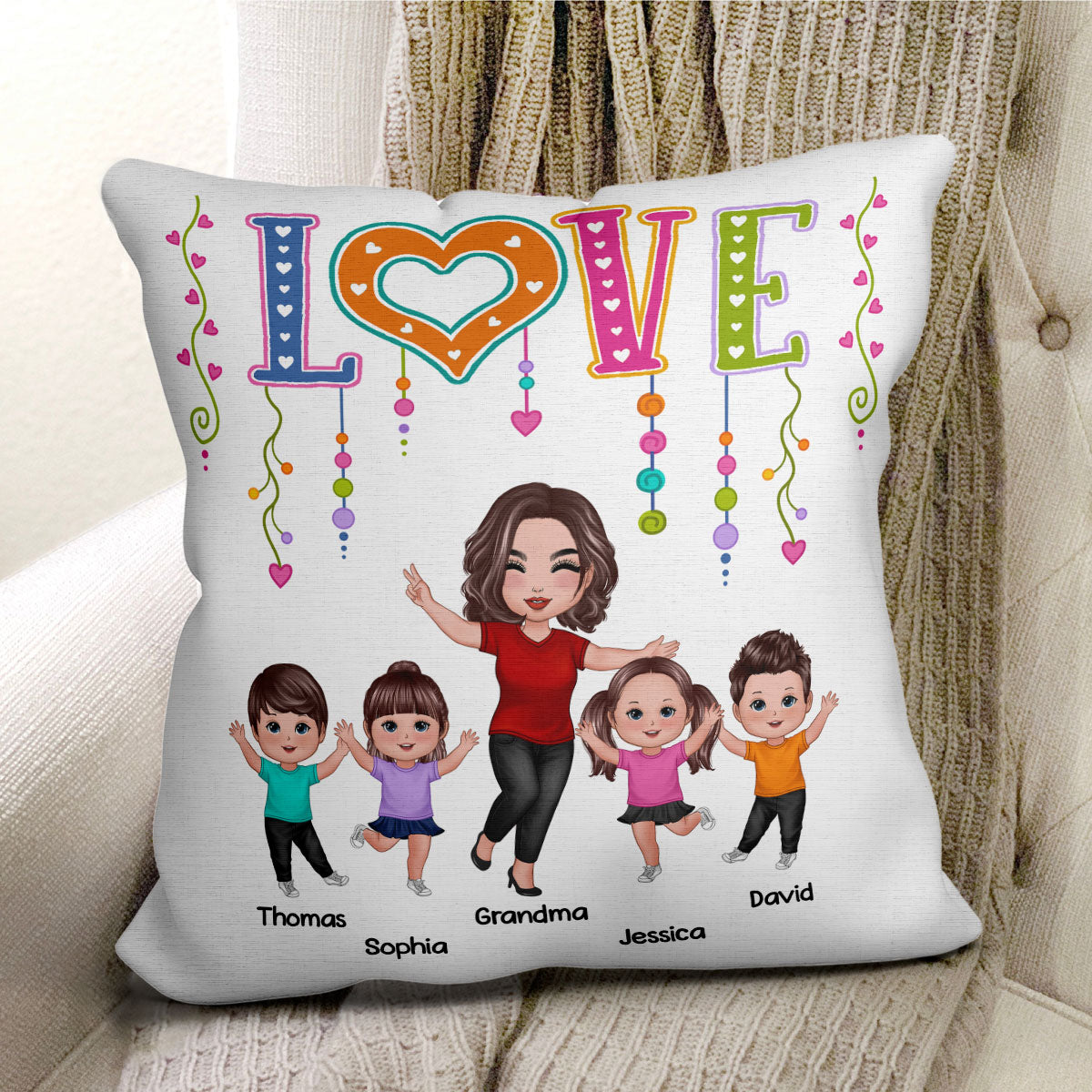 LOVE Happy Doll Grandma Mom With Kids Personalized Pillow