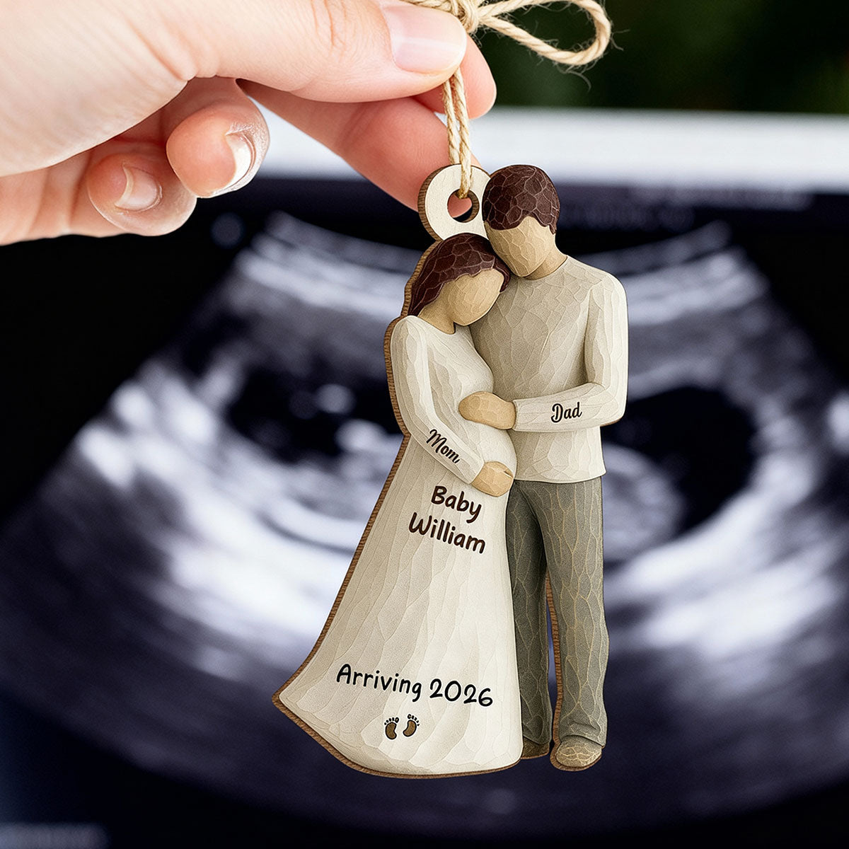 3D Effect Baby Arriving - Personalized Wooden Ornament - Couple Expecting, Pregnancy Keepsake