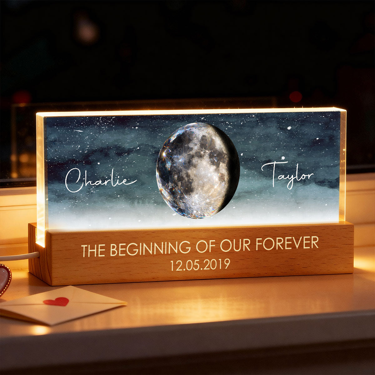 Couple Moon Phase The Beginning of Our Forever - Personalized Acrylic Block LED Night Light - Anniversary, Valentine's Day Gift for her, for him