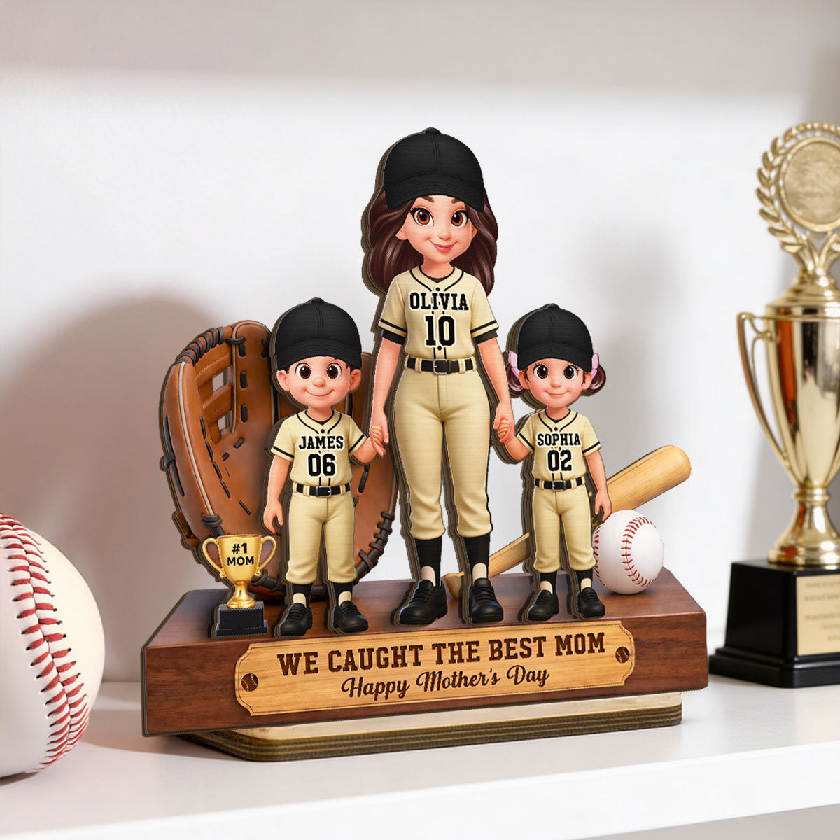 Baseball Mom And Kids We Caught The Best Mom - Personalized 2-Layered Wooden Plaque - Mother's Day Gift For Baseball Mom