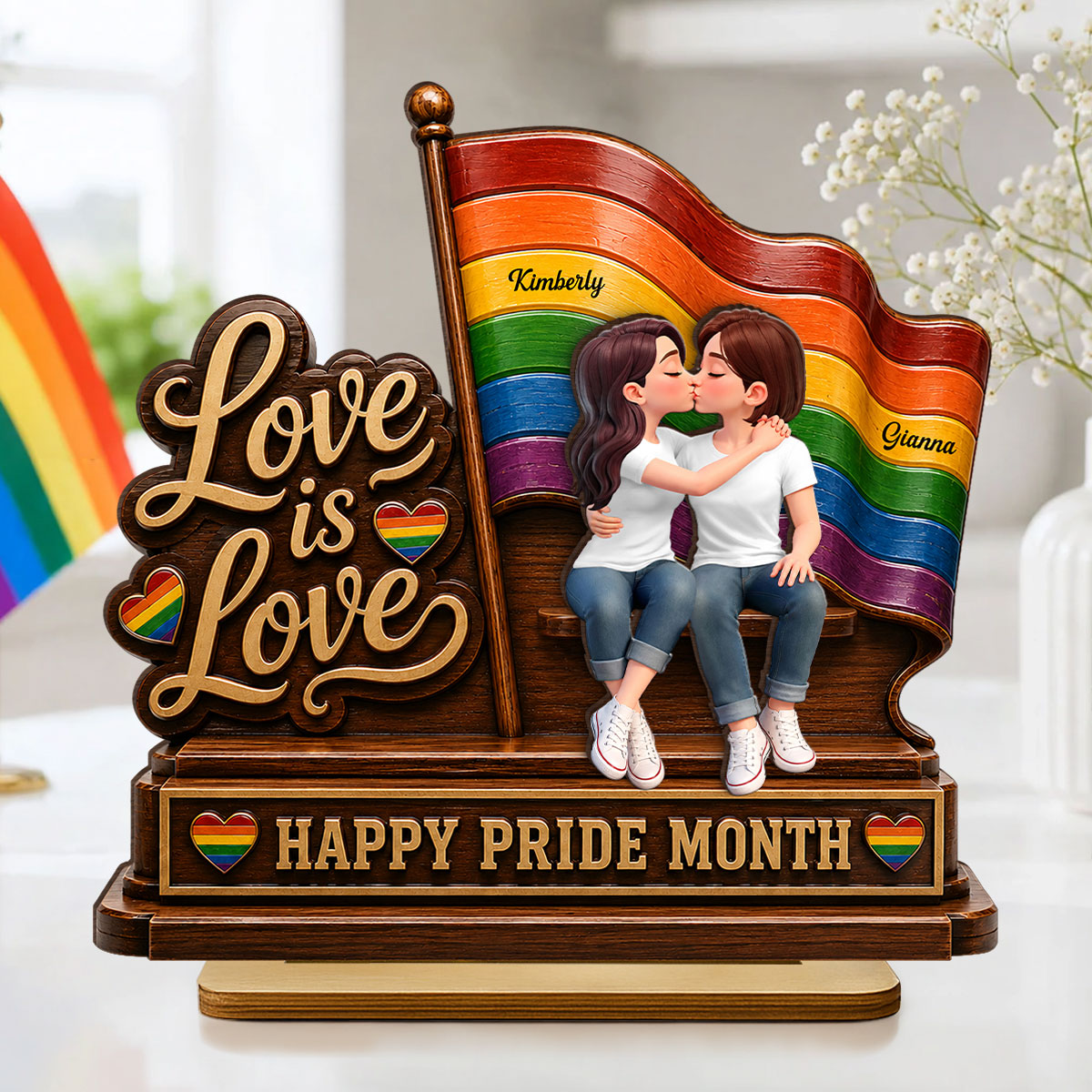 Happy Pride Month LGBT Couple - Personalized 2-Layered Wooden Plaque - Heartfelt Gift for Her, Gift for Him