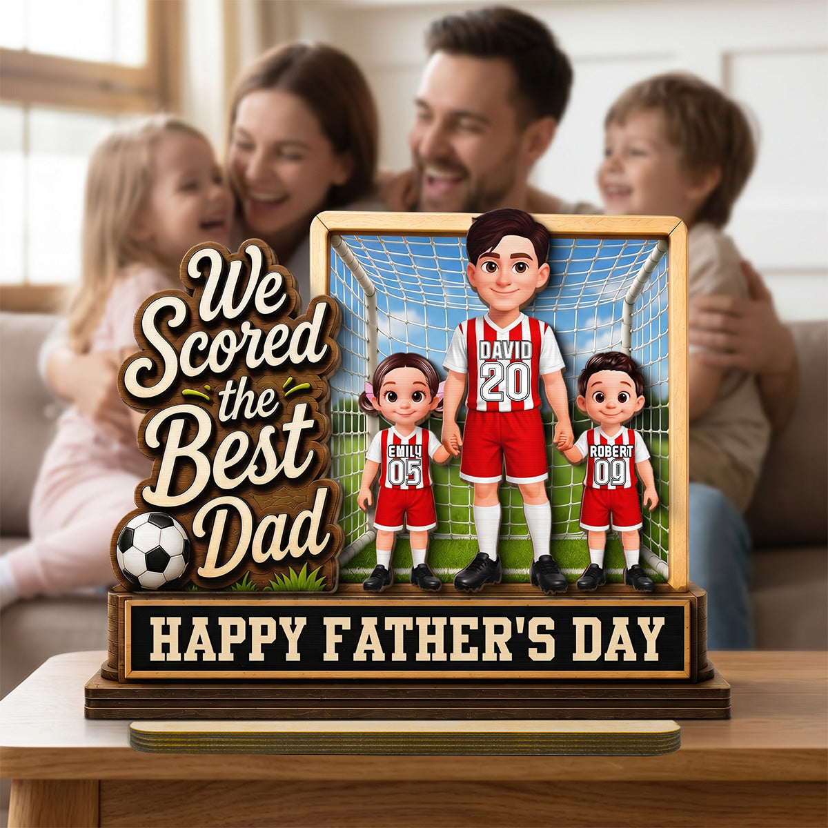 We Scored The Best Dad Dad & Kids In Goal 2D Flat - Personalized 2-Layered Wooden Plaque -  Gift For Soccer Dad, UK Football Dad