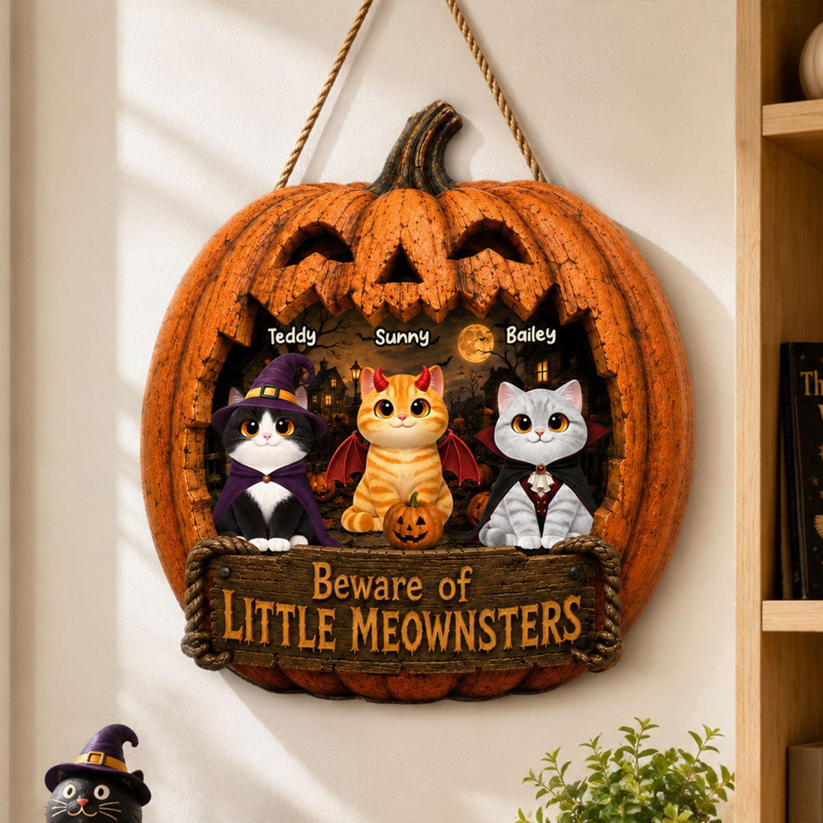 Spooky Halloween Pumpkin Cats - Personalized Wood Sign - Halloween Decor For Cat Lovers