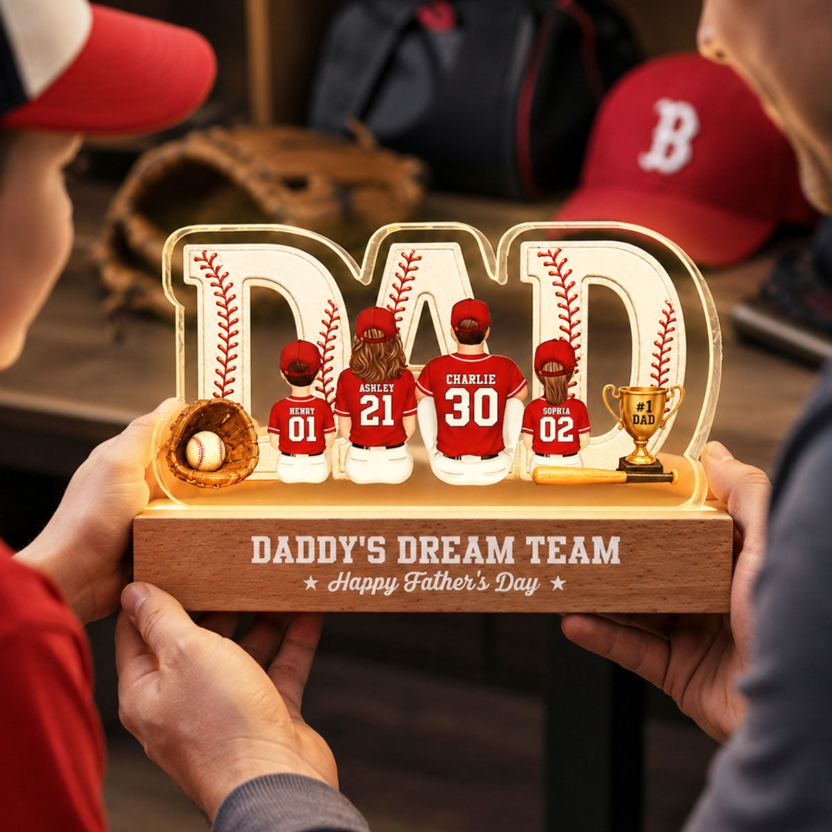 Baseball Family Daddy's Dream Team - Personalized Acrylic Block Plaque LED Night Light - Father's Day Gift For Dad, Husband
