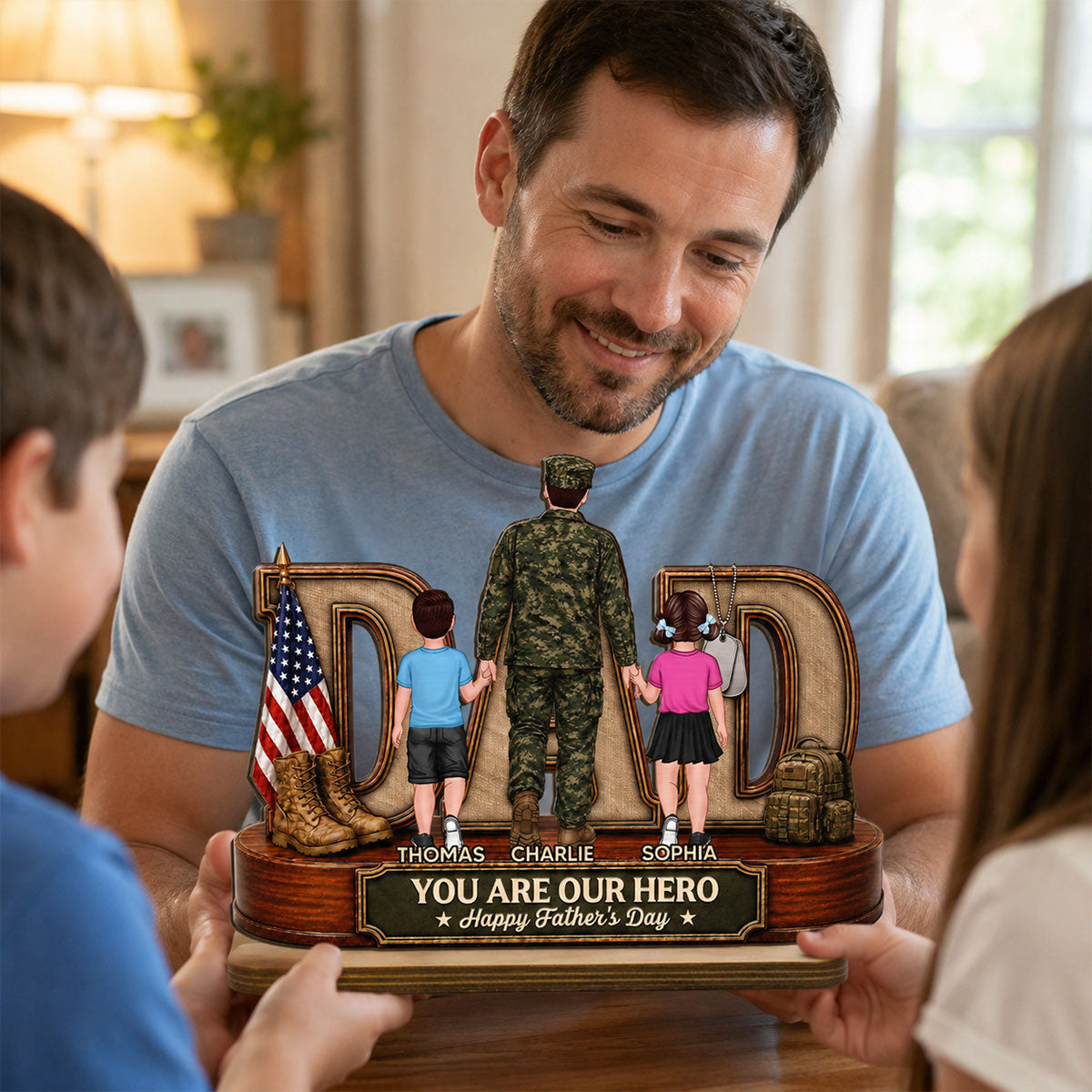Proud American Army Dad You Are Our Hero - Personalized 2-Layered Wooden Plaque -  Gift For Dad, Husband