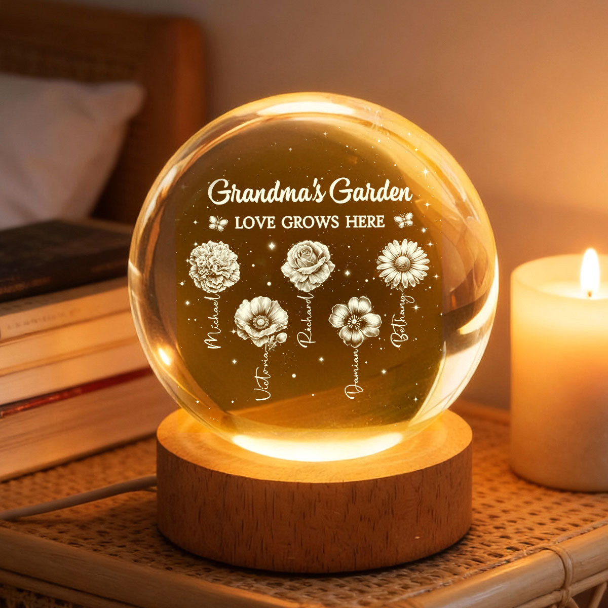 Grandma's Garden Custom Birth Month Flower - Personalized Crystal Ball LED Night Light - Sentimental Gift for Grandma