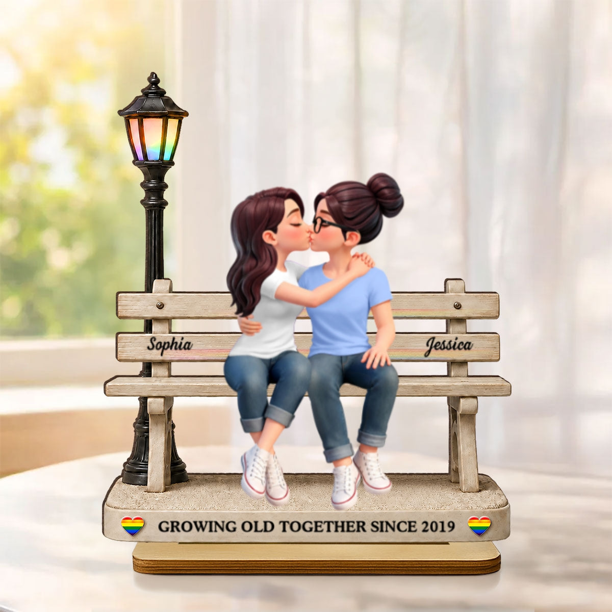 LGBT+ Couple Sitting On Bench - Personalized 2-Layered Wooden Plaque - Gift For Couple, Happy Pride Month