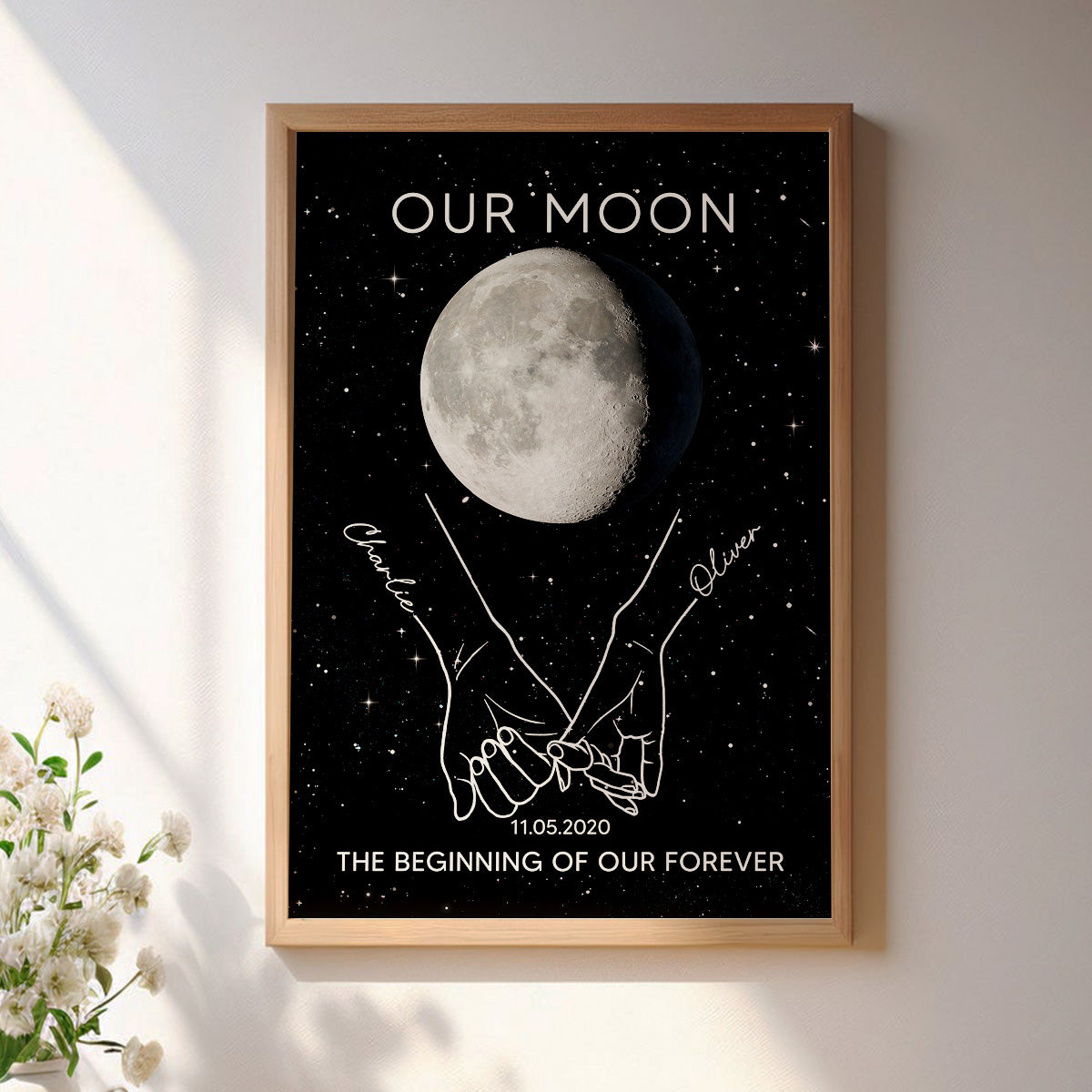 Couple Holding Hands Line Art Custom Moon Phase Anniversary Date - Personalized Poster - Gift For Couple