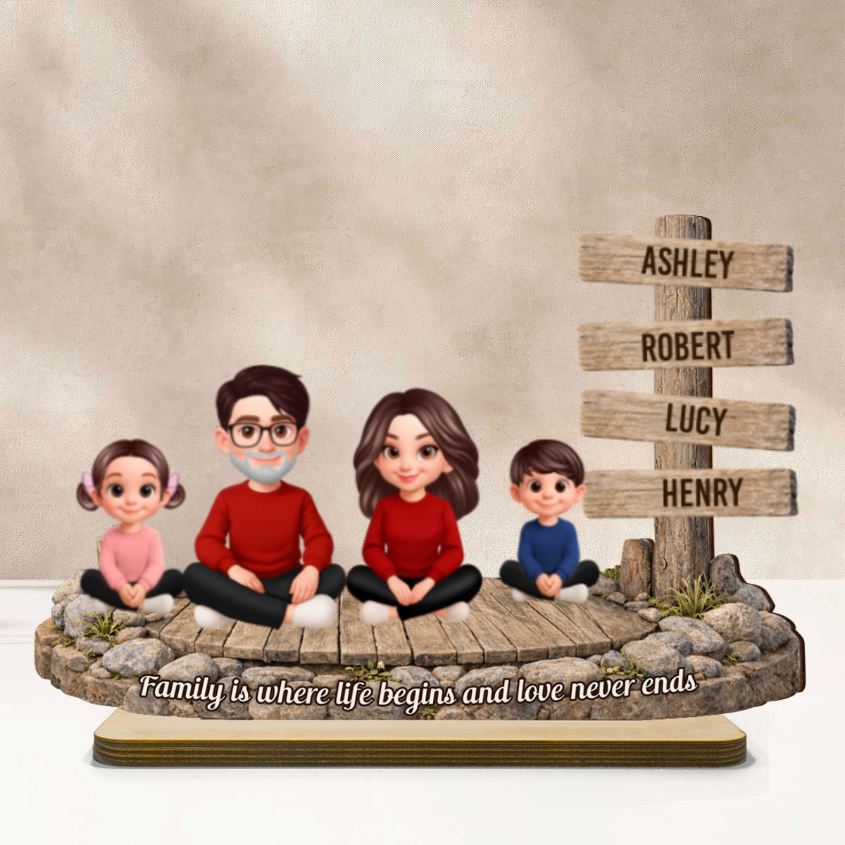 Family Is Where Love Never Ends Sign Post - Personalized 2-Layered Wooden Plaque - Heartfelt Gift For Mom, Dad