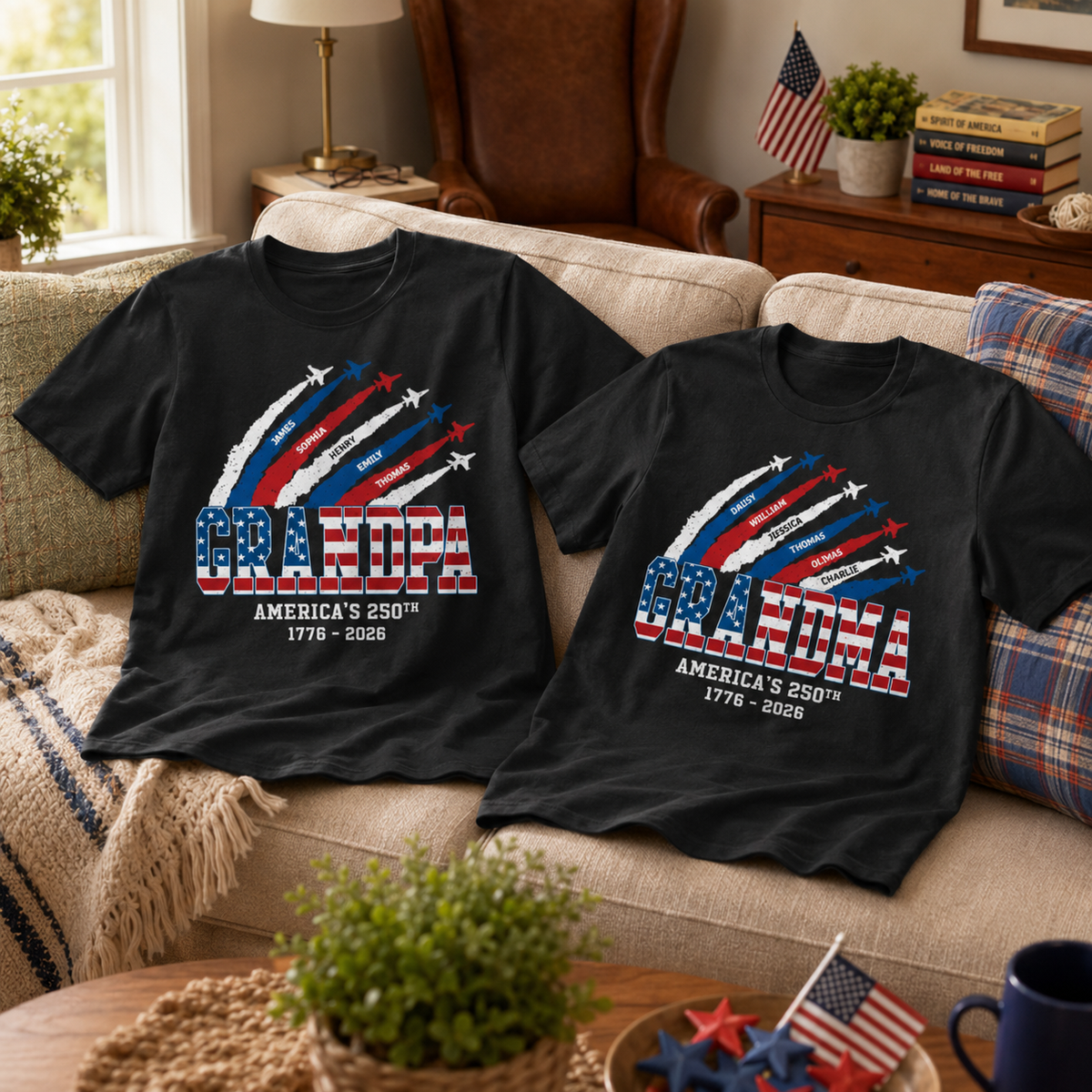 Proud Dad Grandpa Grandma Nation Flag American 250th Anniversary - Personalized Shirt - Matching Patriotic Shirt For Grandpa, Grandma, 250 Years Of Freedom Celebration