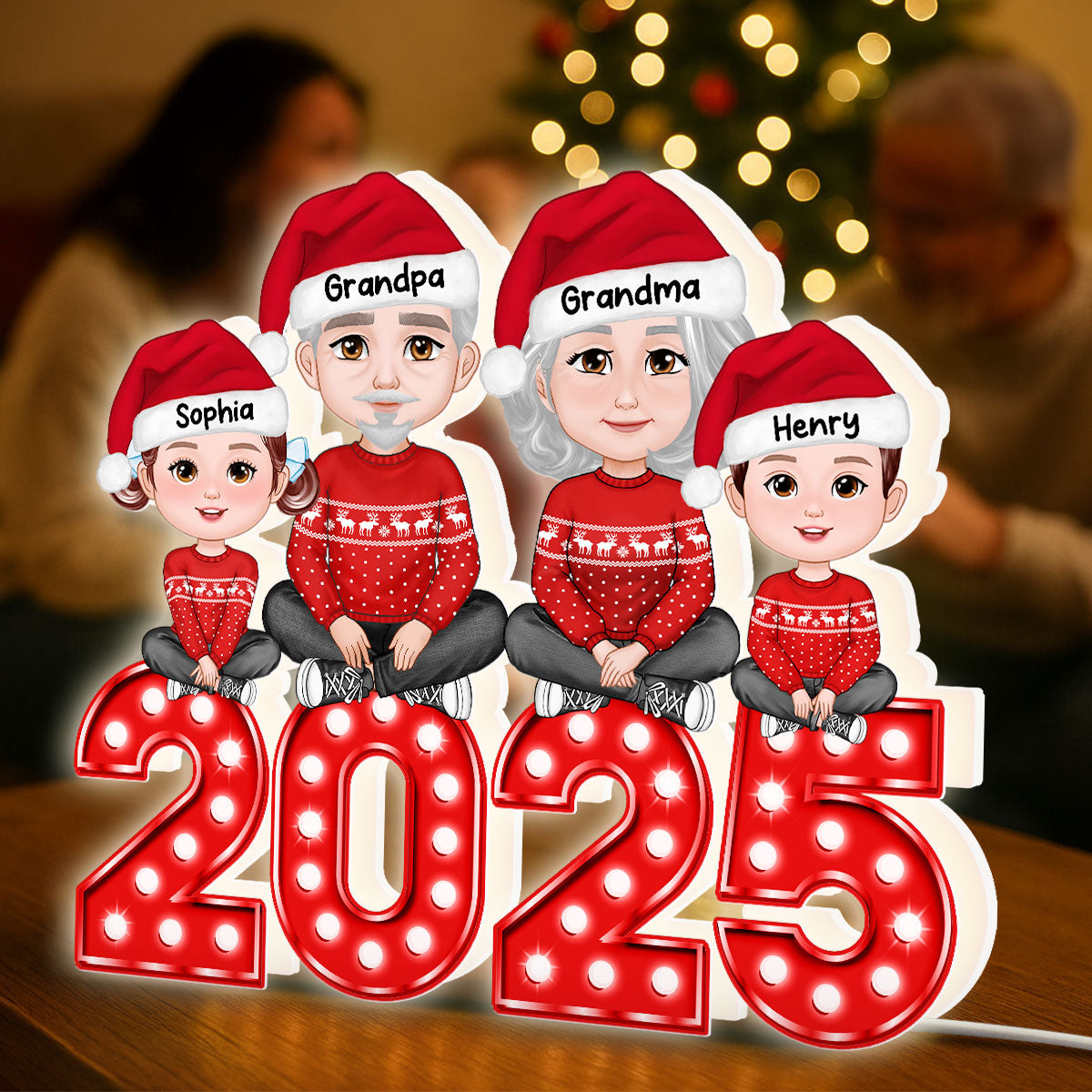Christmas Grandma Grandpa And Grandkids Marquee Pattern Effect - Personalized Light Box