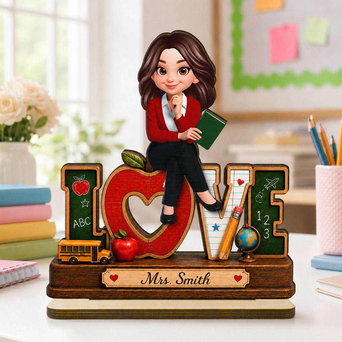 Love Pretty Teacher - Personalized 2-Layered Wooden Plaque - Back To School Gift For Teacher, Office Decor