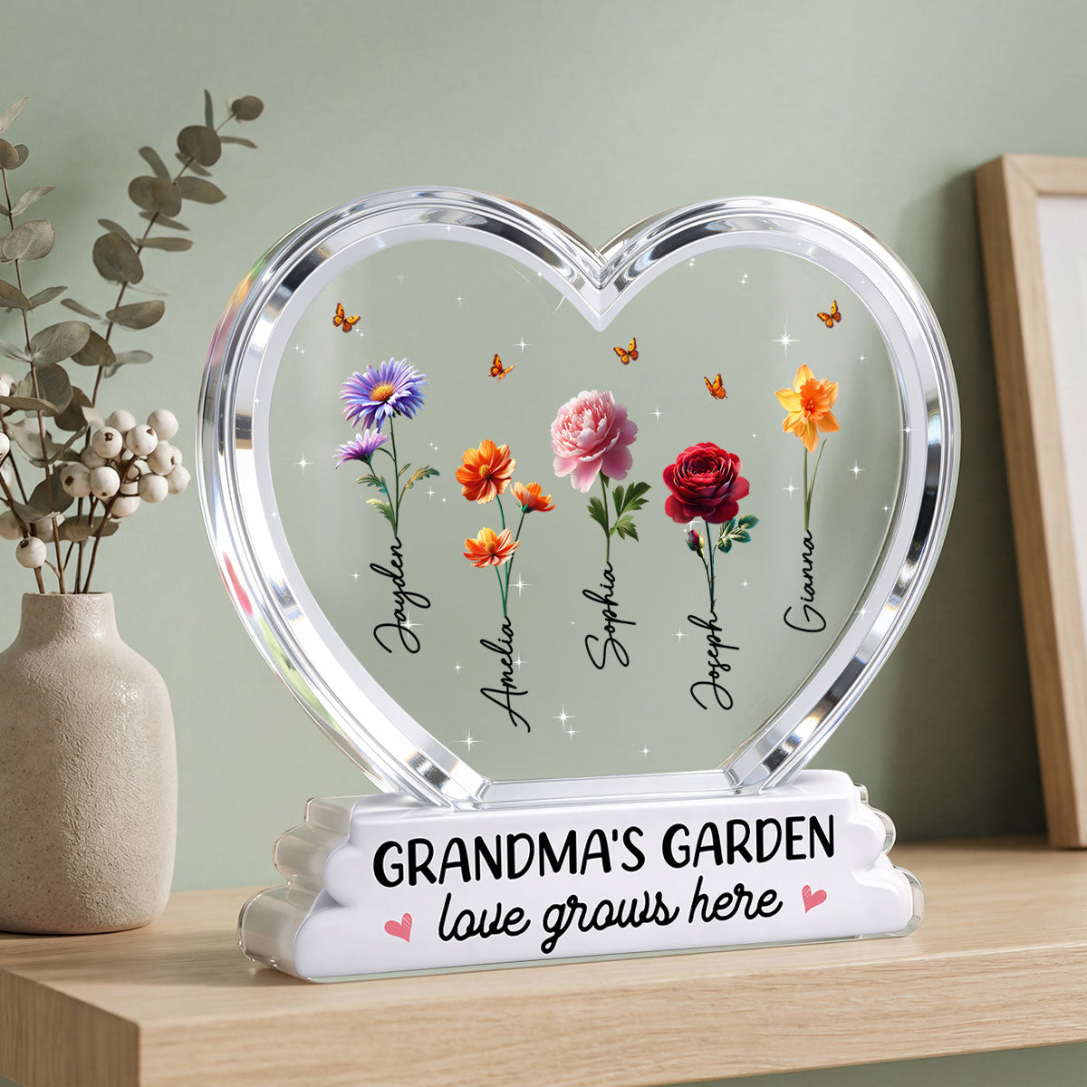 Grandma's Garden Birth Month Flowers In Heart 2D Flat - Personalized Acrylic Block Plaque - Gift For Grandma