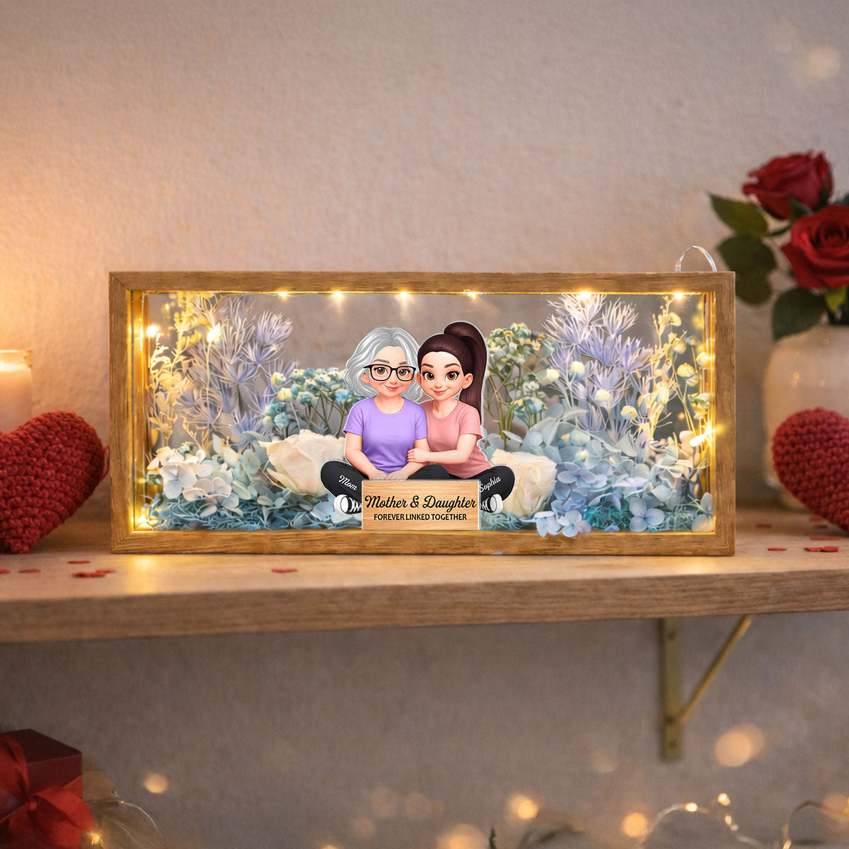Mom & Daughter Forever Linked Together - Personalized DIY Flower Shadow Box LED Night Light - Gift For Mom, Daughter
