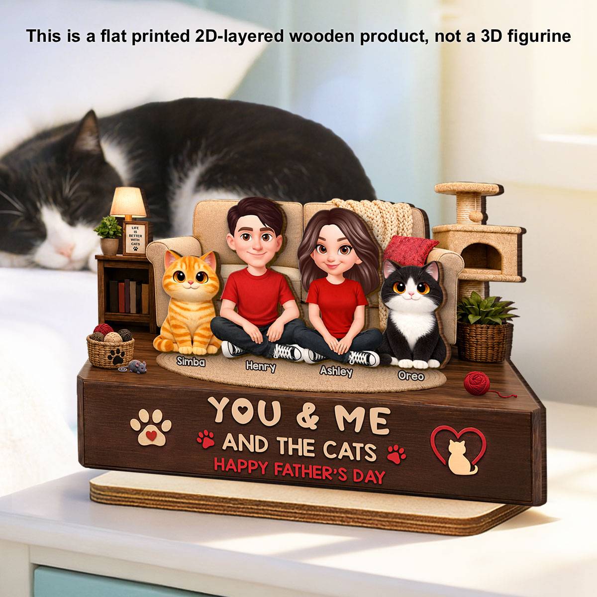 You & Me And The Cats Cozy Room 2D Flat - Personalized 2-Layered Wooden Plaque -  Gift For Cat Dad