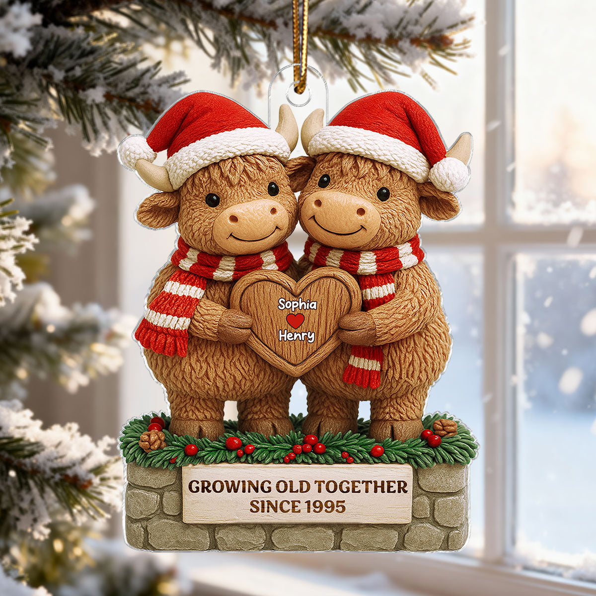 3D Effect Christmas Highland Cows Couple Growing Old Together - Personalized Acrylic Ornament - Gift For Couple