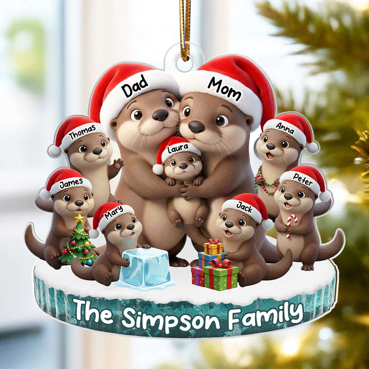 Otter Family Dad Mom Kids Together - Personalized Acrylic Ornament - Heartwarming Christmas Gift For Family