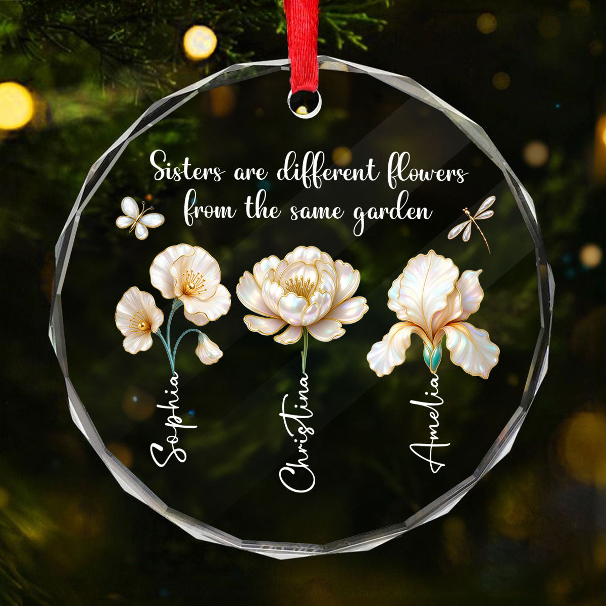 3D Effect Birth Flowers Sisters From The Same Garden - Personalized Glass Ornament - Birthday Christmas Just Because Gift For Sisters, Besties