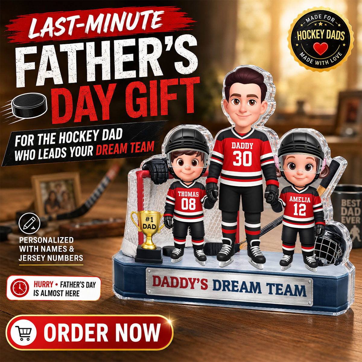 Daddy's Dream Team Hockey Dad & Kids - Personalized Acrylic Block Plaque -  Gift For Dad, Husband