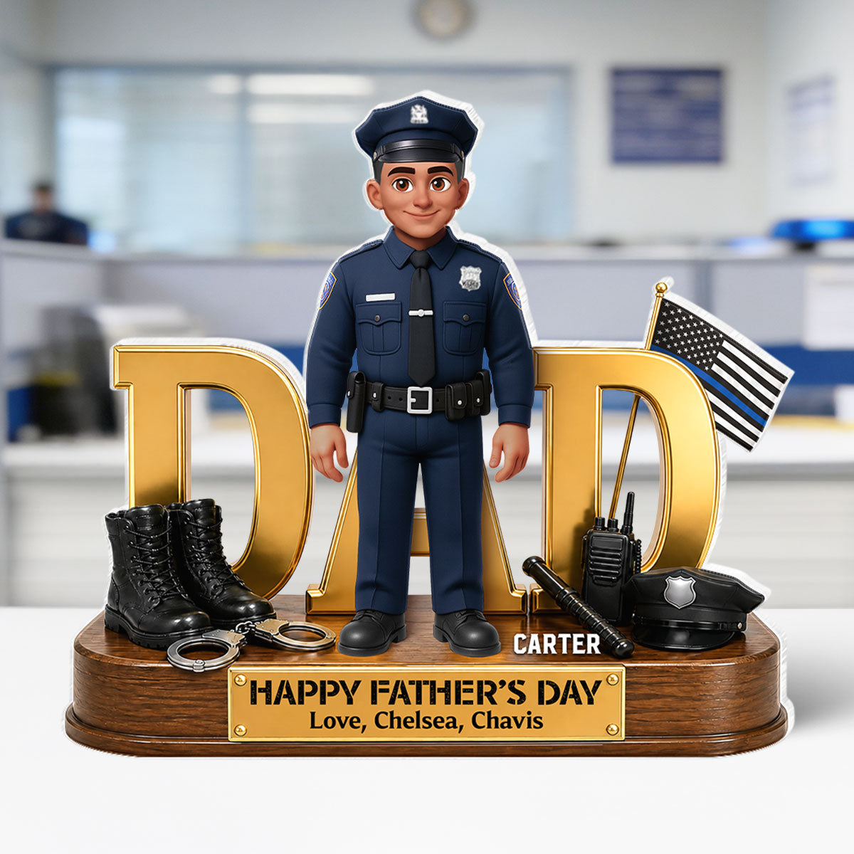 Proud American Police Dad You Are Our Hero Thin Blue Line 2D Flat - Personalized Acrylic Block Plaque -  Gift For Dad
